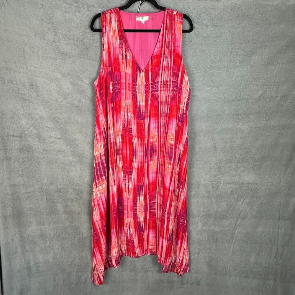 Natori Dress Women Large Pink Sleeveless V Neck Midi Flowy Resort Abstract Artsy - Picture 2 of 14